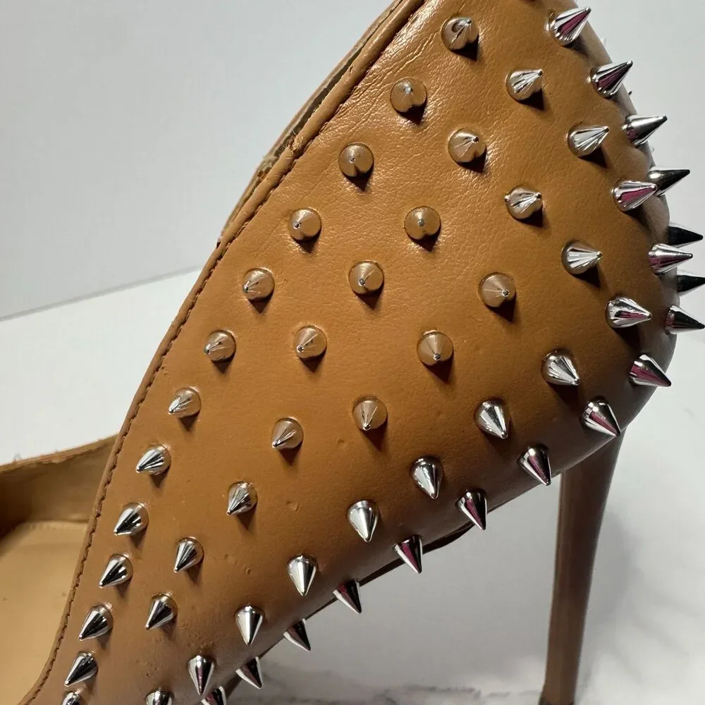 Steve Madden Vala Tan Nude Silver Spiked Studded Pointed Toe Pumps, Sz 7.5